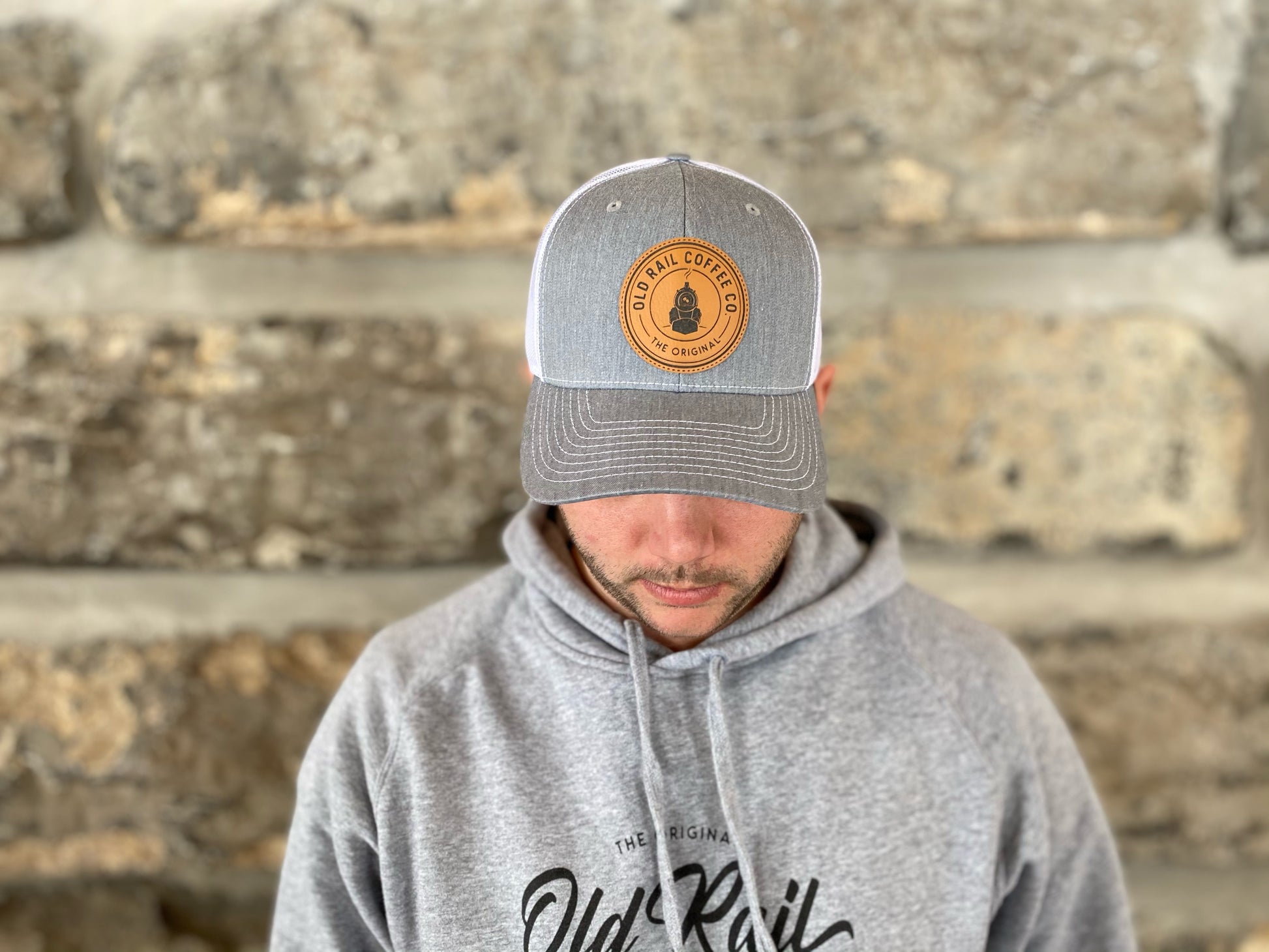 Old Rail Coffee Co Snapback, Grey, White Mesh, Adjustable Snapback, Circle Leather Patch Logo, Represent your favorite Coffee Company