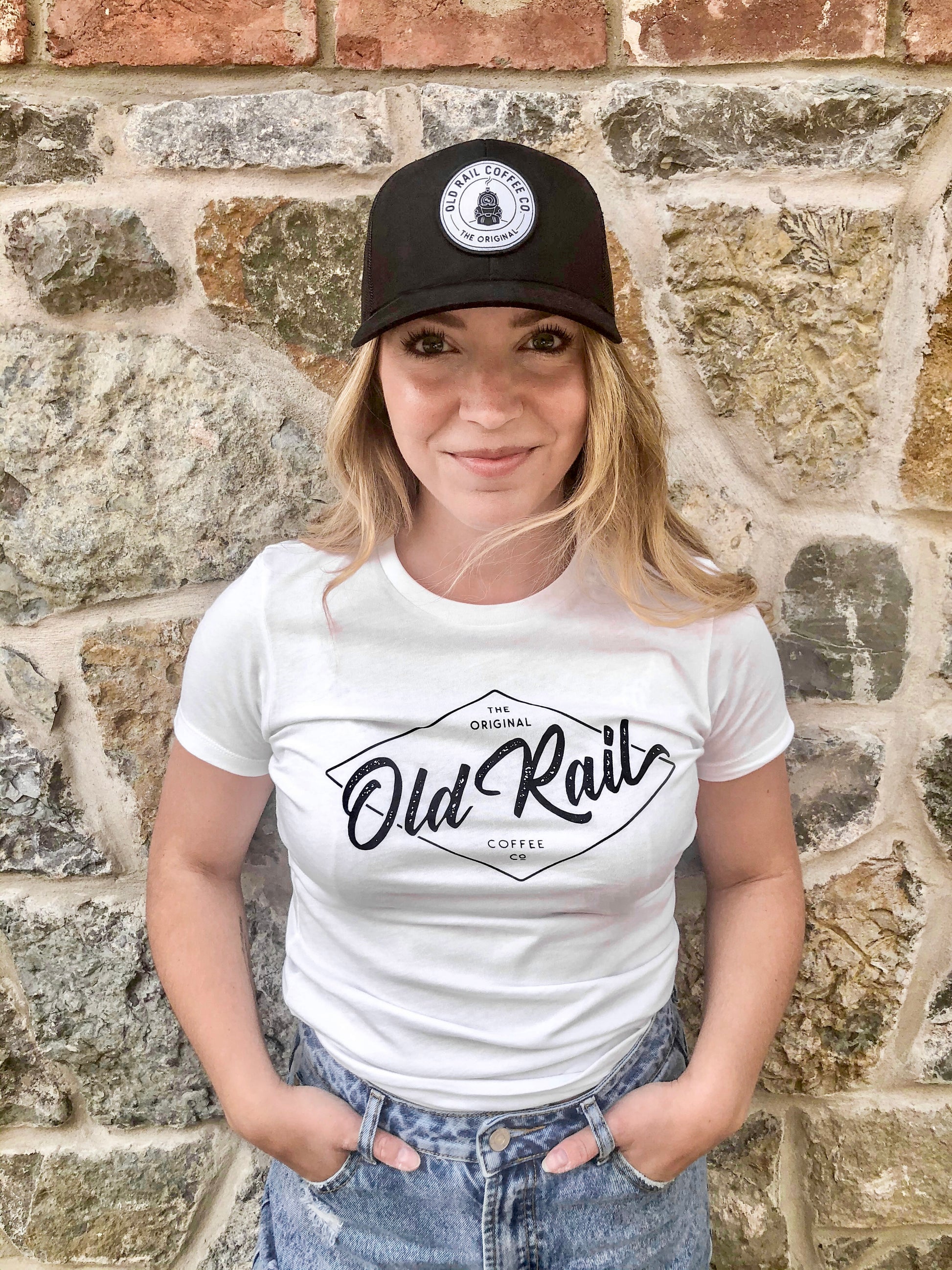 Old Rail Coffee Co, Women's T Shirt, White, Black Hat
