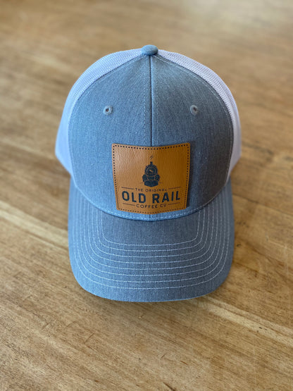 Old Rail Coffee Co Snapback, Blue, White Mesh, Adjustable Snapback, Square Leather Patch Logo, Represent your favorite Coffee Company