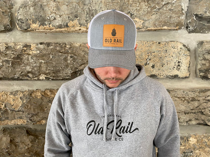 Old Rail Coffee Co Snapback, Grey, White Mesh, Adjustable Snapback, Square Leather Patch Logo, Represent your favorite Coffee Company