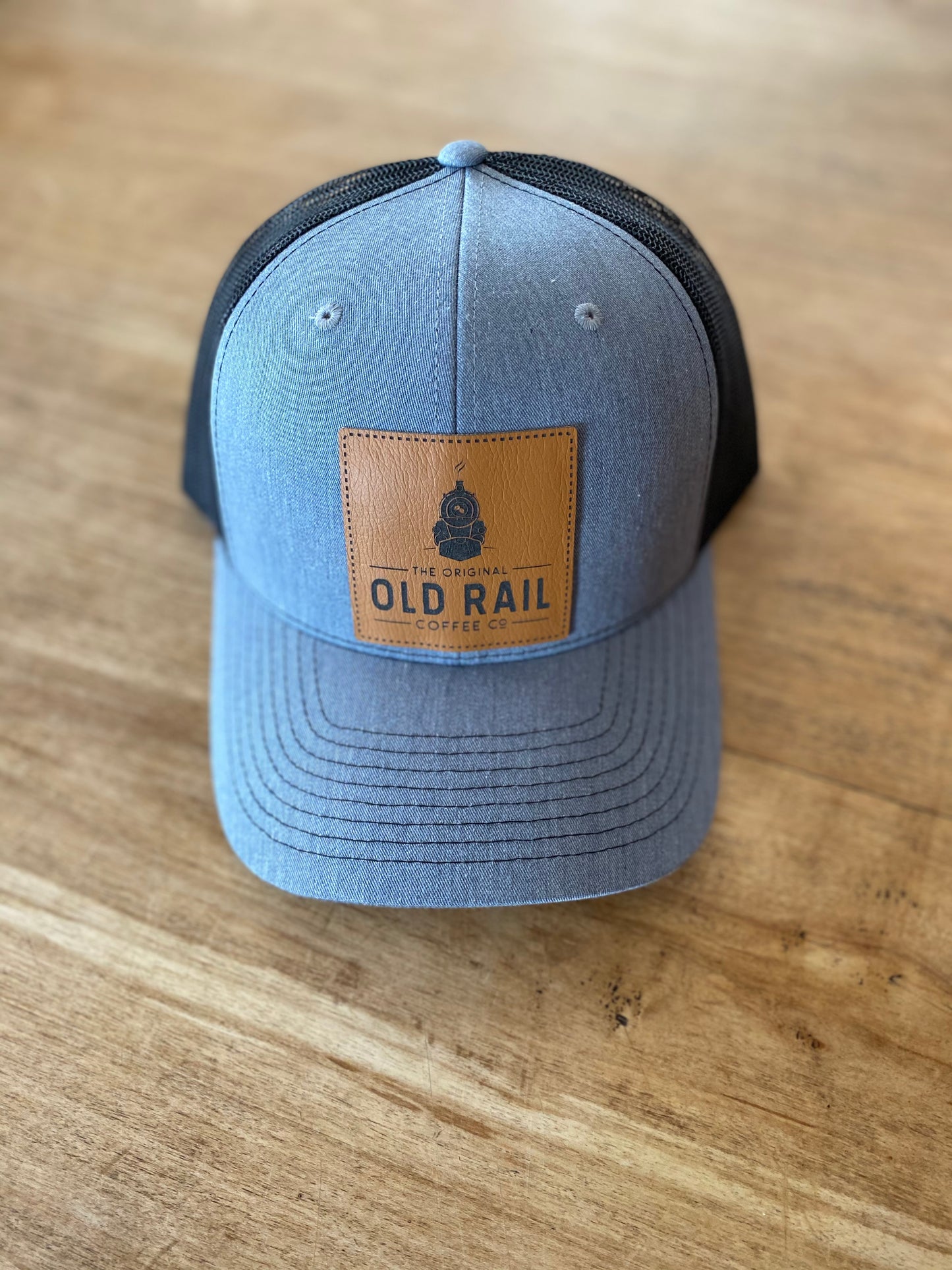 Old Rail Coffee Co Snapback, Blue, Black Mesh, Adjustable Snapback, Square Leather Patch Logo, Represent your favorite Coffee Company
