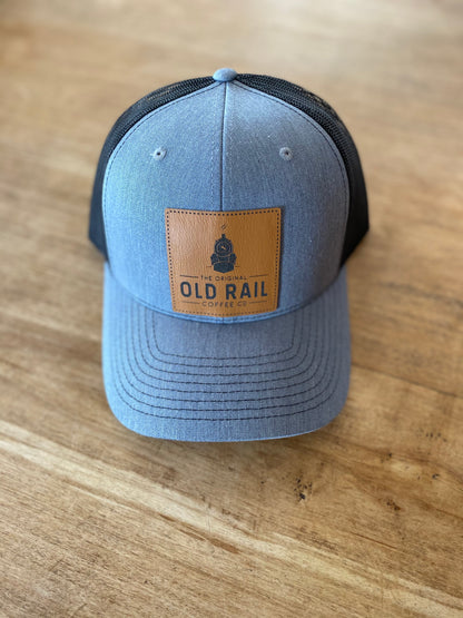 Old Rail Coffee Co Snapback, Blue, Black Mesh, Adjustable Snapback, Square Leather Patch Logo, Represent your favorite Coffee Company