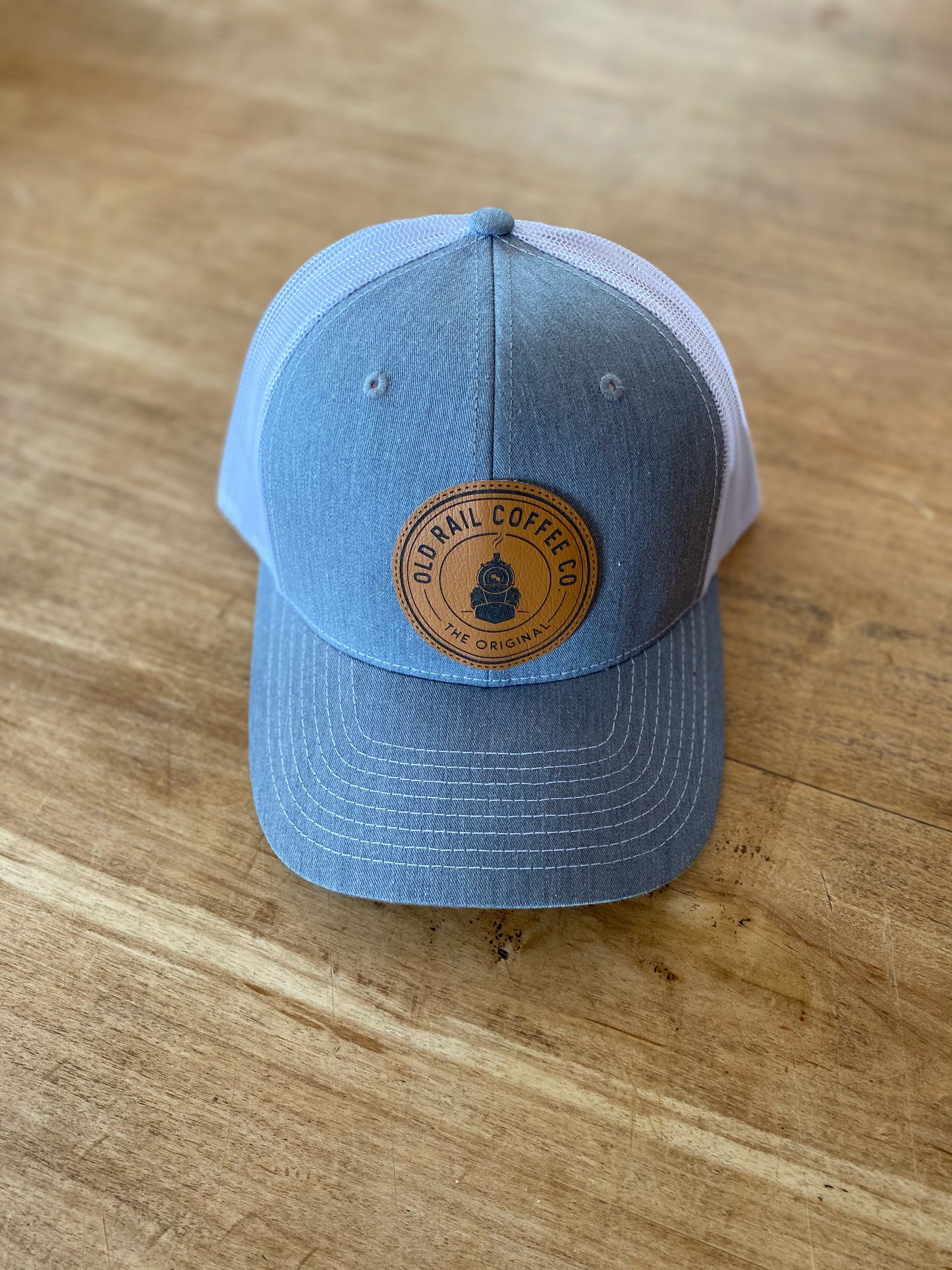 Old Rail Coffee Co Snapback, Blue, White Mesh, Adjustable Snapback, Circle Leather Patch Logo, Represent your favorite Coffee Company