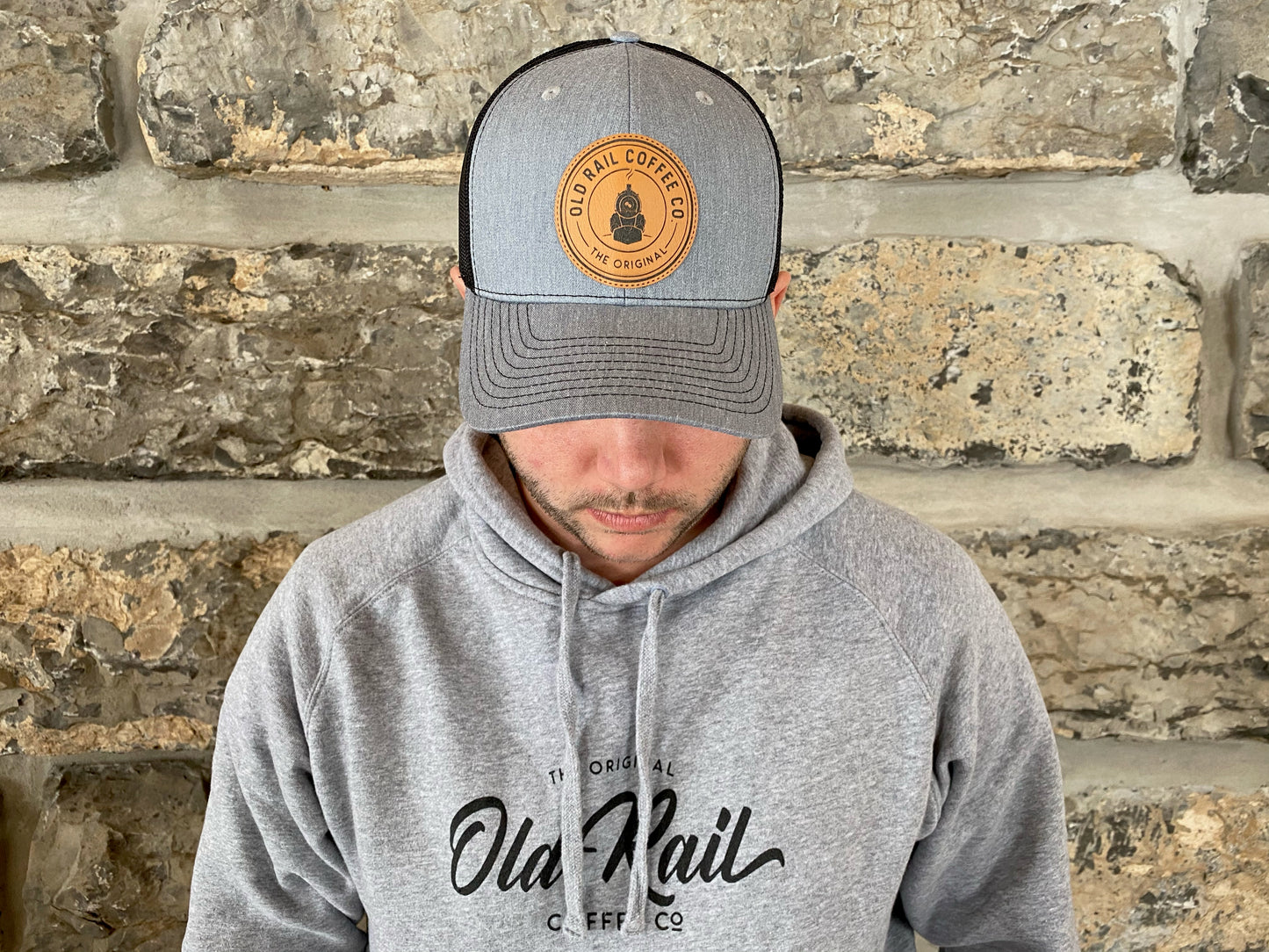 Old Rail Coffee Co Snapback, Grey, Black Mesh, Adjustable Snapback, Circle Patch Logo, Represent your favorite Coffee Company