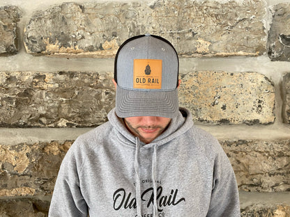 Old Rail Coffee Co Snapback, Grey, Black Mesh, Adjustable Snapback, Square Leather Patch Logo, Represent your favorite Coffee Company