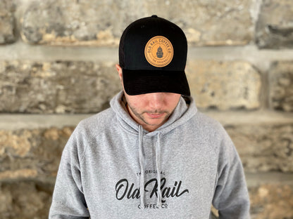 Old Rail Coffee Co Snapback, Black, Adjustable Snapback, Circle leather Patch, Represent your favorite Coffee Company